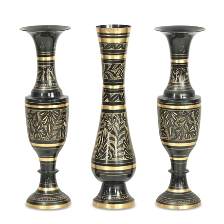 Black Over Brass Etched Vase