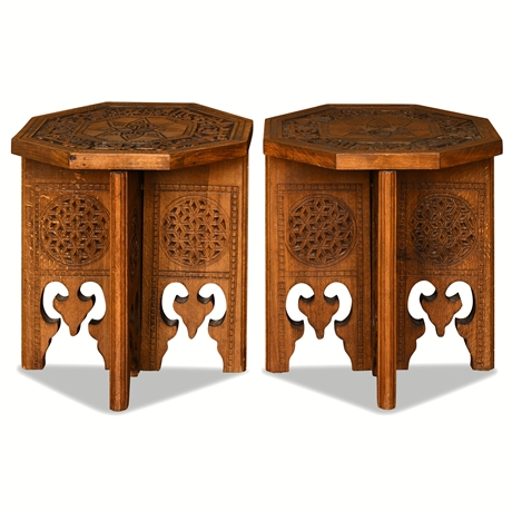 Pair of Moorish Hand-Carved Octagonal Walnut Tables – Arabic Calligraphy & Star