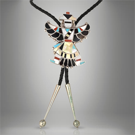 Vintage Zuni Thunderbird Bolo Tie with Turquoise, Onyx & Mother of Pearl Inlay