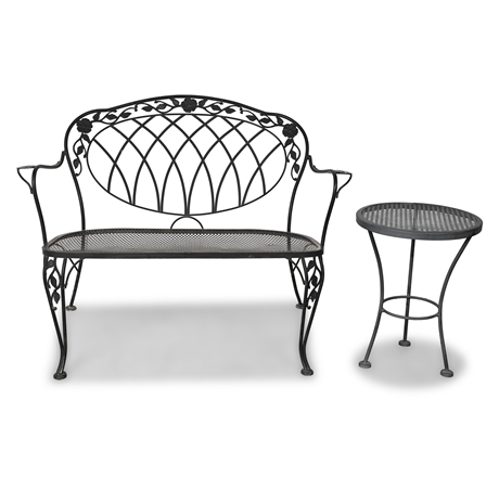Mid-Century Wrought Iron Garden Bench + Side Table, Woodard Style