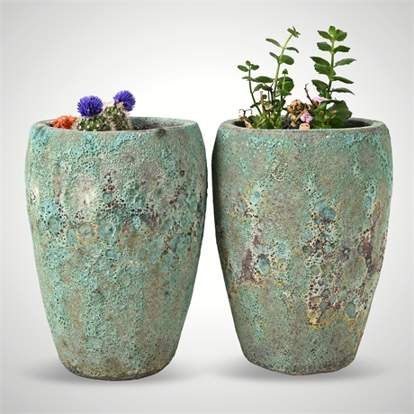 Pair of Brutalist Verdigris-Glaze Ceramic Planters