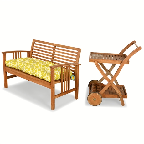 Solid Wood Outdoor Bench and Tea Cart