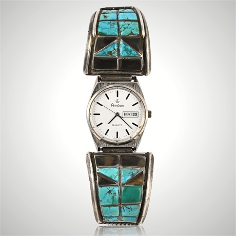 Vintage Navajo Sterling Watch Tips – Turquoise & Jet Inlay, 75.2g