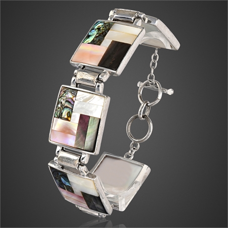 Taxco 925 Sterling Shell Mosaic Panel Bracelet — MOP Abalone Alabaster