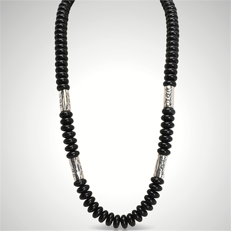 Navajo Black Onyx and Sterling Cylinder Bead Necklace