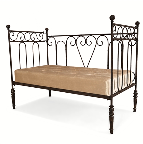 Antique-Style Wrought Iron Daybed — Scroll & Heart, Ball Finials, Mattress
