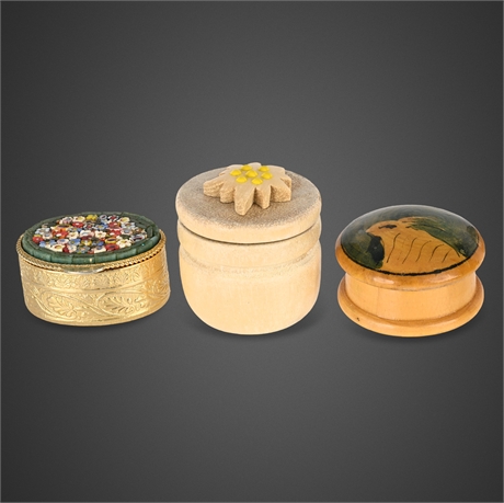 Set of 3 Miniature Trinket Boxes – Italian Brass Micro Mosaic & Hand-Painted Woo