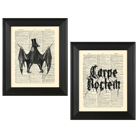 Bat & Carpe Noctem Dictionary Art Lithographs Gothic Dark Academia Pair