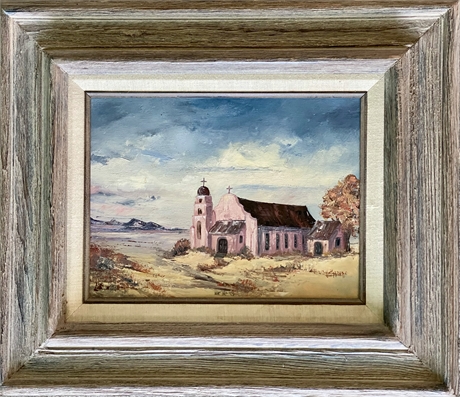 "Lamy Church", Vintage Original Oil Painting on Canvas, Framed, by Jean Makela