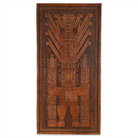 Tooled Leather Wall Panel, Andean Creator God Motif, Signed Oscar, 39½ × 19½ in