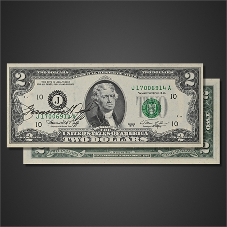 1976 $2 Federal Reserve Note — Hand-Signed by Treasurer Francine Neff