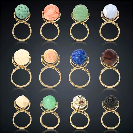 14K Yellow Gold Ring with 12 Interchangeable Ornately Carved Beads