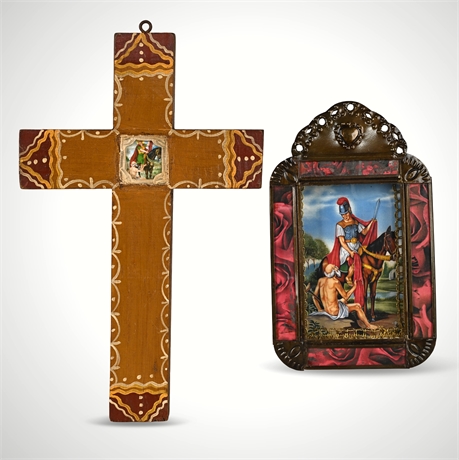 St. Martin of Tours Hand Painted Cross & Tin Nicho – Folk Art