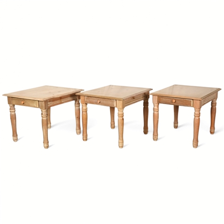 Set of 3 Solid Wood End Tables – Turned Legs, Rail Drawer, Made in USA