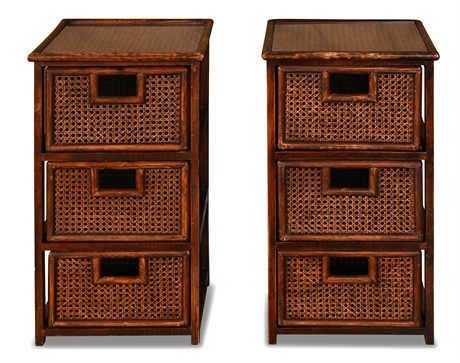 Pair of Wood & Rattan Three-Drawer Storage Towers