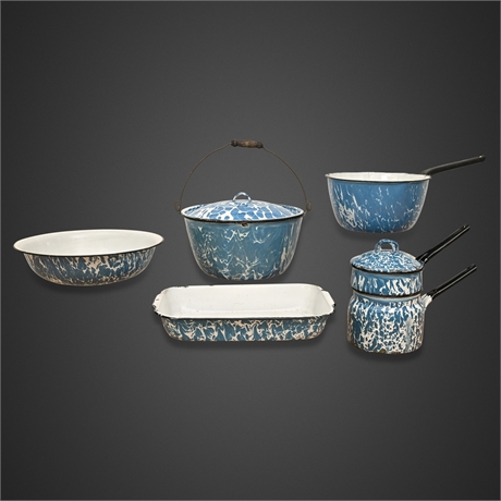 Antique Blue & White Swirl Graniteware Enamel Cookware, 5 Pieces