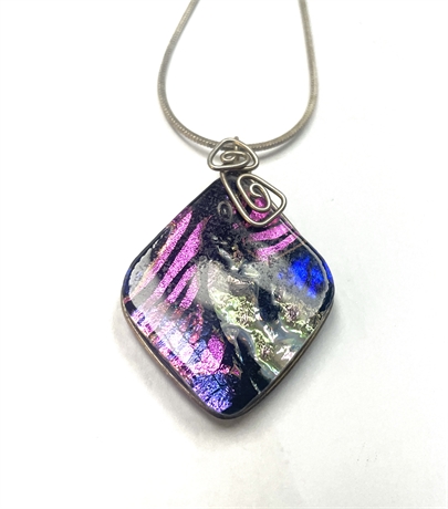 Sterling Silver Statement Necklace with Dichroic Glass Pendant