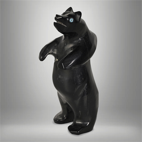 Zuni Jet Standing Bear Fetish with Turquoise Eye Inlays
