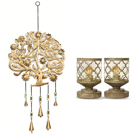 Pair Moroccan Style Pillar Lamps & Tree of Life