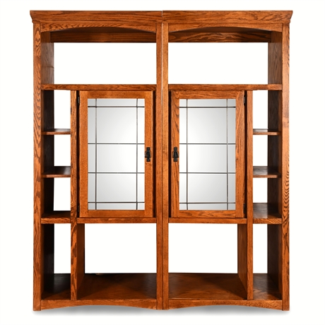 Pair of Oak Lighted Display Cabinets w/ Glass Doors & Shelves
