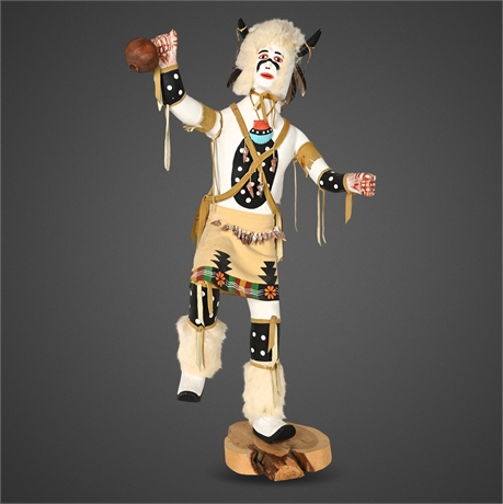 Large Buffalo Kachina (Mosairu) — 32" Hand-Carved Wood with Fur, Feathers & Pome