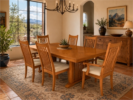 Mission-Style Oak Trestle Dining Table & 6 Chairs with Leaf