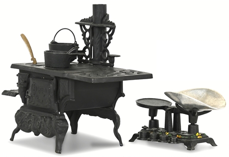 Vintage Cast Iron Miniature Stove and Scale Set