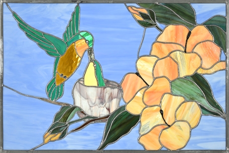 Hummingbird-in-Flight Stained Glass Panel