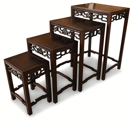 George Zee & Co Hong Kong Rosewood Nesting Tables — Hand Carved, 1970 Marked