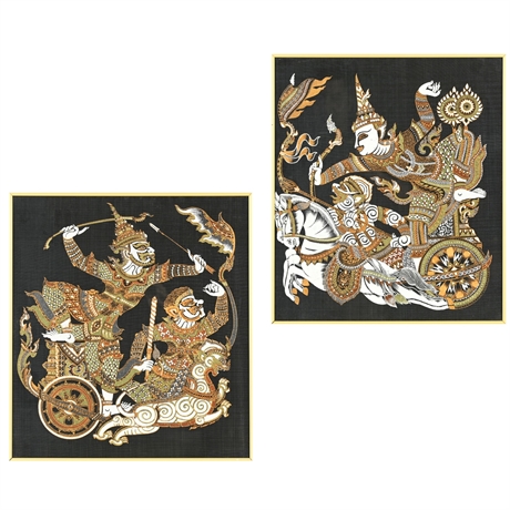 Thai Silk Screen Print with Hand-Painted Warriors