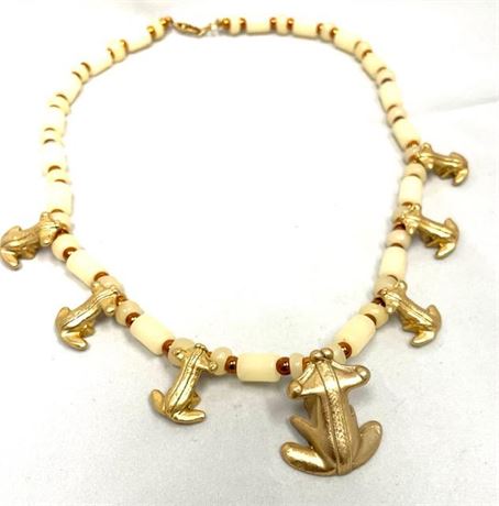 Modern Gold Frog and Shell Bead Necklace