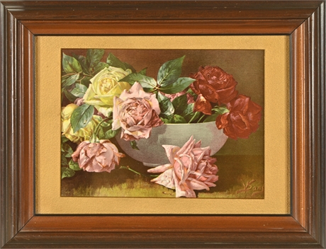 Victorian Bowl of Roses Framed Lithograph