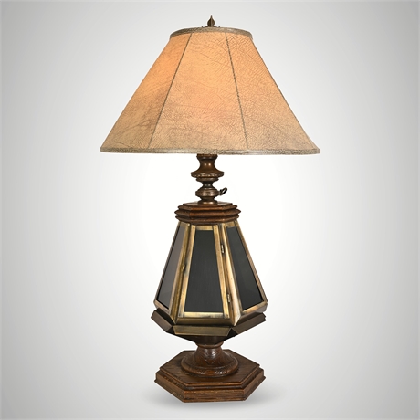 Lantern-Form Table Lamp with Brass & Smoked Glass Panels, Illuminated Base