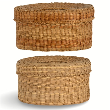 Pair Finely Woven Coiled Baskets with Lids