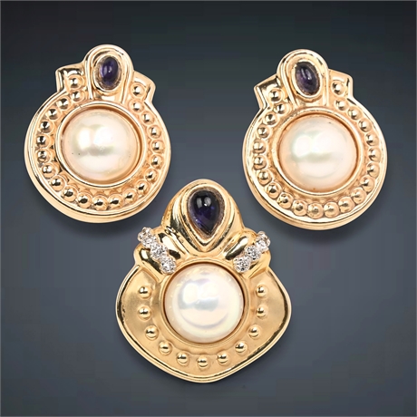 14K Diamond & Pearl Pendant & Earring Set