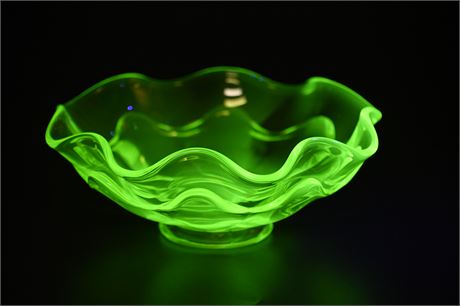 Vintage Uranium Glass Double Ruffled Bowl