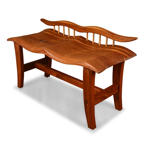Hand Carved Ponderosa Pine Bench w/ Turquoise Inlay, 2" Seat, Signed “LM”