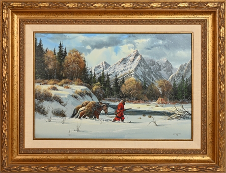 Gerry Metz 'Winter Camp" Oil Painting