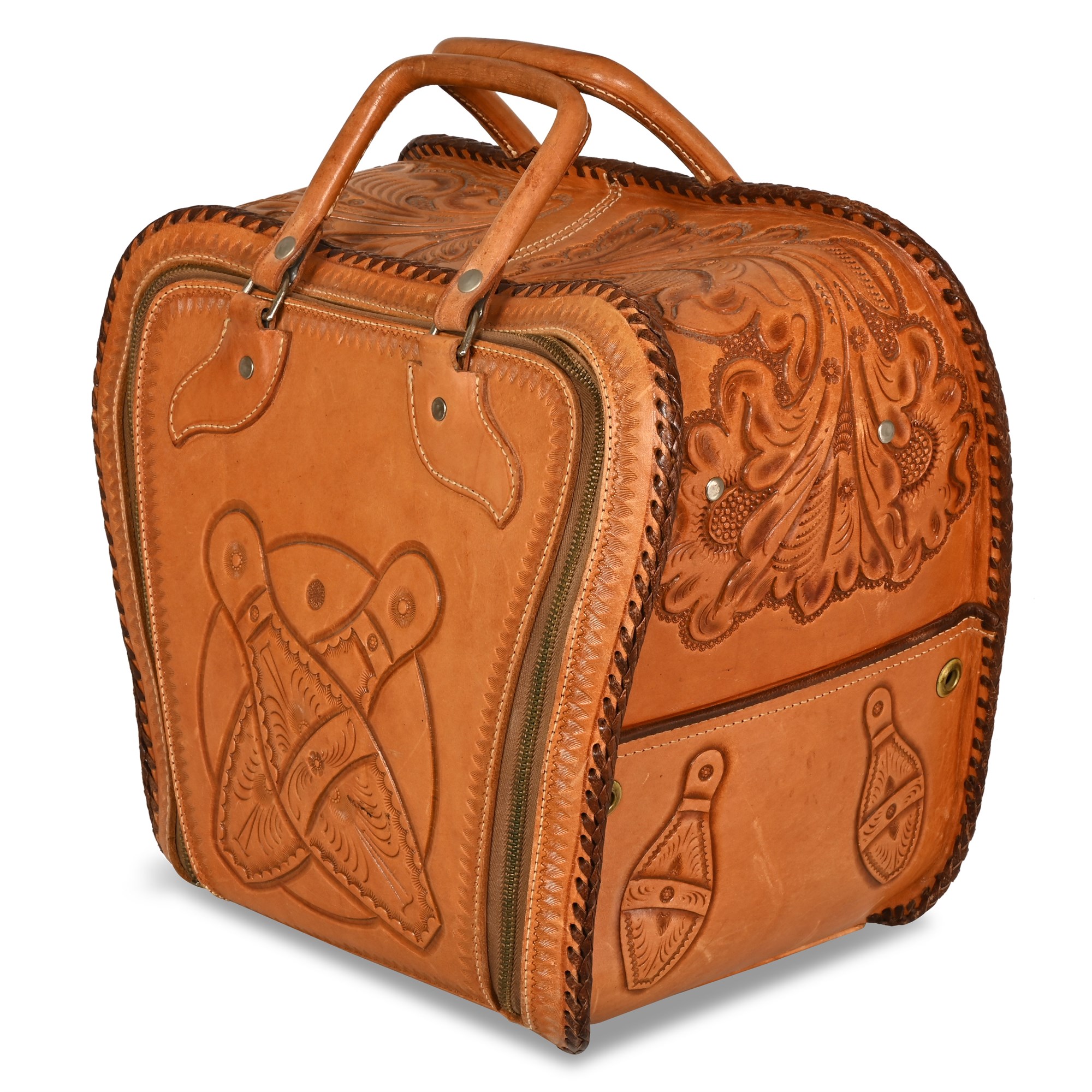 NM Auctions  Innovative Auction, Liquidation & Estate Sales - Mid-Century  Tooled Leather Bowling Bag from Mexico