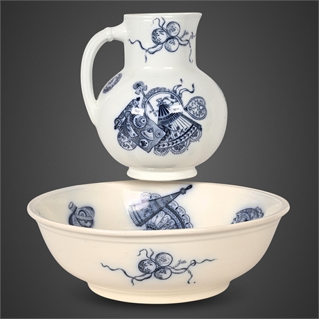 Flow Blue “Fan” Wash Set by Petrus Regout + Vintage Bird & Flower Vase