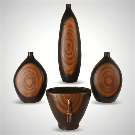Set of 4 Contemporary Ceramic Vases — Leather Accent