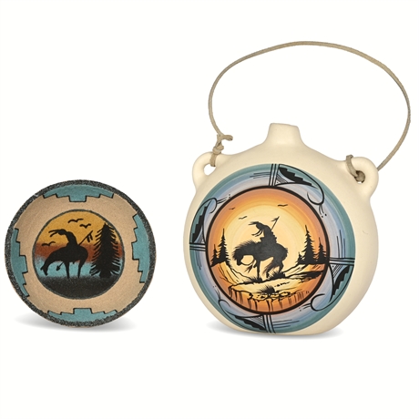 "End of The Trail" Native American Canteen and Sand Art Bowl Set