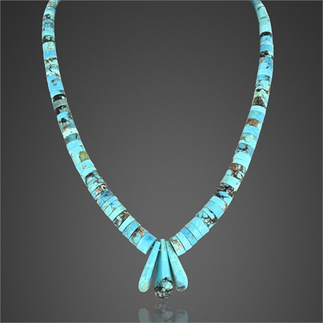 Santo Domingo Rolled Turquoise & Coral Heishi Necklace w/ Sterling Beads – 16",