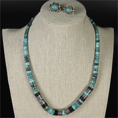 Vintage Santo Domingo Rolled Turquoise & Onyx Necklace & Earring Set