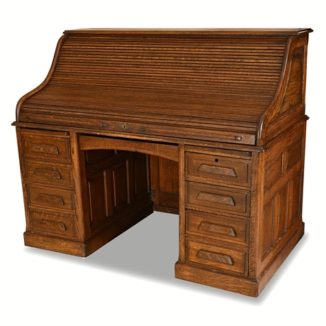 Antique American Oak S-Roll Top Pedestal Desk, c. 1900–1915