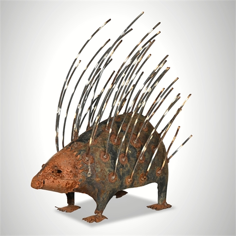 Folk Art Welded Steel Porcupine Sculpture with Splayed Quills