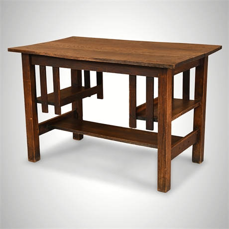 Quarter-Sawn Oak Mission Library Table — Double Shelf, Slat Sides
