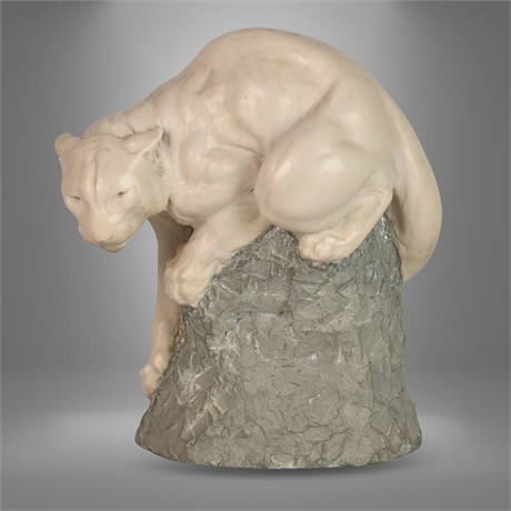 JL Bauton White Alabaster "Mountain Lion" Sculpture