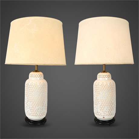 Pair Seyei Blanc de Chine Lamps — Reticulated Porcelain, Original Shades