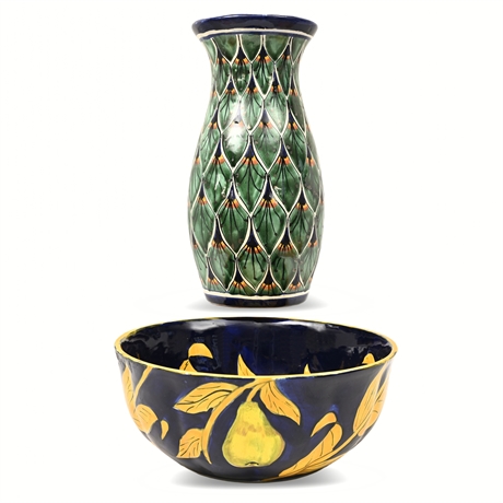 Talavera Majolica: Peacock-Feather Vase & Pear Bowl